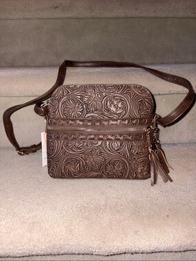 Joe Fresh Embossed Floral Crossbody Bag in Brown